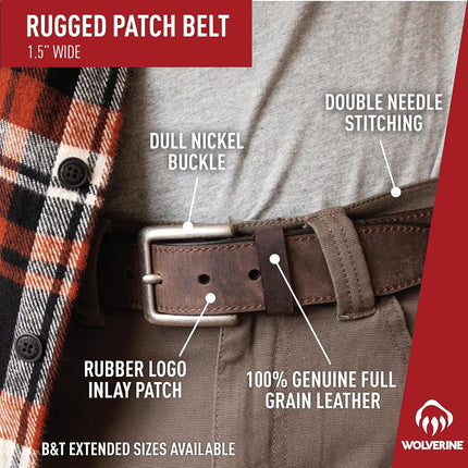 Wolverine Men's Full Grain Leather Work Belt | Workwear | Heavy Duty | Utility | Rugged | Durable | Metal Buckle, Rugged Patch - Brown, 97cm