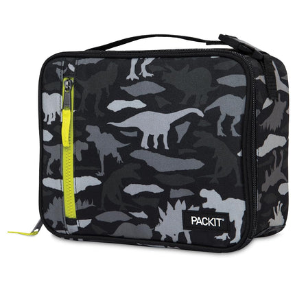 PackIt Freezable Classic Lunch Box, Dino Camo Charcoal, Built with EcoFreeze Technology, Collapsible, Reusable, Zip Closure with Zip Front Pocket and Buckle Handle, Designed for Lunches