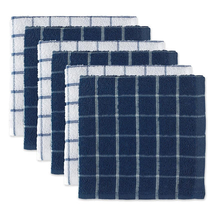 DII 100% Cotton, Machine Washable, Ultra Absorbant, Basic Everyday 12 x 12 Terry Kitchen Dish Cloths, Windowpane Design, Set of 6- Nautical Blue