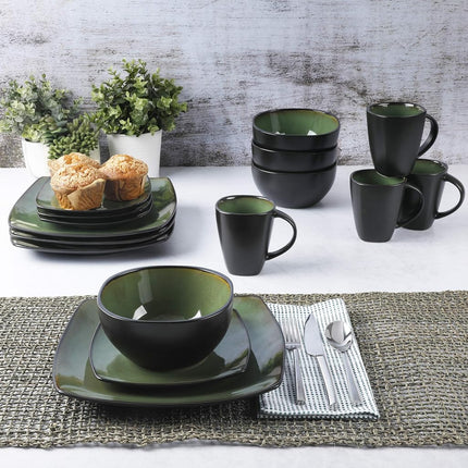Gibson Soho Lounge Square Reactive Glaze Stoneware Dinnerware Set, Service for 4 (16pc), Green