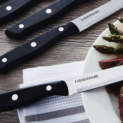 Farberware Triple-Riveted 4-Piece Steak Knife Set, High-Carbon Stainless Steel, Razor-Sharp Knives, Kitchen Knives, Set of 4, Black