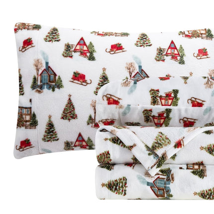 Elegant Comfort Luxuriously Soft 4-Piece Holiday Velvet Plush Flannel Sheet Set - Premium Quality - Cozy Warm, Christmas Fuzzy Velvet Flannel Fleece Deep Pocket Sheet Set - Twin XL, Bungalow
