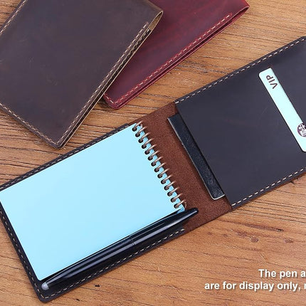Leather Cover for 3.5”x5.5”Top Spiral Notebook, Handmade Leather Notebook Cover Compatible with Rocketbook Mini Size, Small Pocket Memo Notepads Holder with Business Card Holder-Coffee