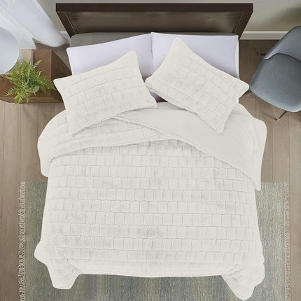 Elegante y cómodo juego de edredón de piel sintética de 3 piezas, lujoso y esponjoso, cálido para todas las estaciones, alternativa a la pluma, juego de cama ultrasuave de micro-visón de felpa de 3 piezas con fundas a juego, Queen, Marfil