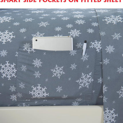 Elegant Comfort Luxury Soft Bed Sheets Holiday Pattern 1500 Premium Hotel Quality Microfiber - Softness Wrinkle and Fade Resistant (6-Piece) Bedding Set, Queen, Snowflake-Gray