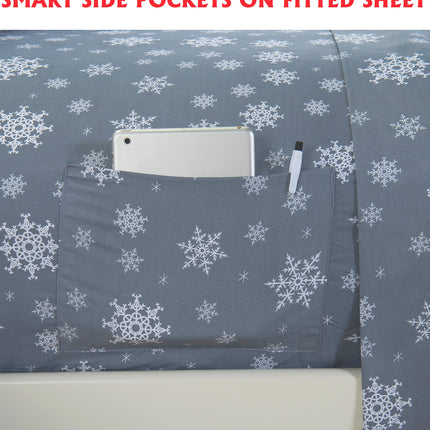 Elegant Comfort Luxury Soft Bed Sheets Holiday Pattern 1500 Premium Hotel Quality Microfiber - Softness Wrinkle and Fade Resistant (6-Piece) Bedding Set, Queen, Snowflake-Gray