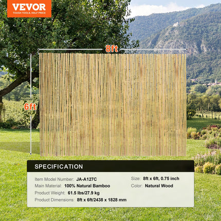 VEVOR Natural Rolled Bamboo Fence, Eco-Friendly Bamboo Privacy Fence 6 ft H x 8 ft L x 0.75 in D, Decorative Bamboo Privacy Screen for Garden, Backyard, Balcony, Patio, Pool Side