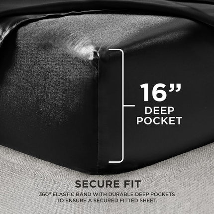 Juicy Couture King Size Satin Bed Sheet Set, Deep Pocket Silky Satin King Sheet Set with 1 Fitted Sheet, 1 Flat Sheet and 2 Pillow Case, Wrinkle Resistant and Anti Pilling Satin Bed Sheets - Black