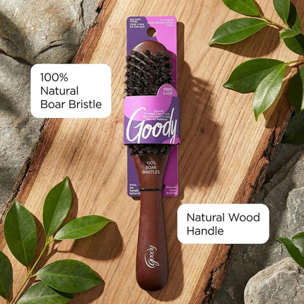 Goody Smooth and Sleek Wood Styling Brush with Natural Boar Bristles, Flyaway Free Finish, For All Hair Types, Brown, 1CT