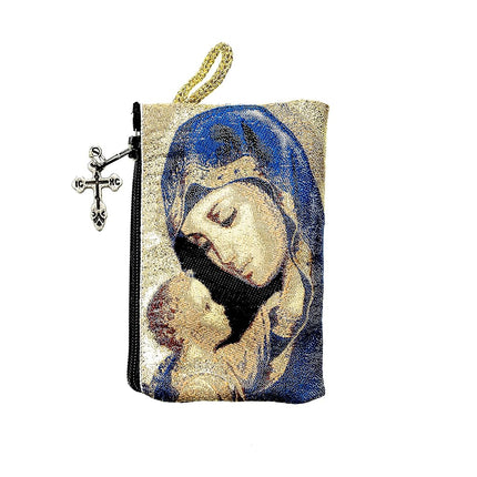 Intercession Hand-Woven, Lined Madonna and Child Rosary Pouch, Made in Turkey with Premium Metallic Thread (Blue - Small)