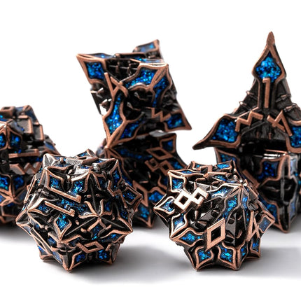 Metal Dice for DND - Spire Sanctum Series (Antique Copper Blue Glitter)