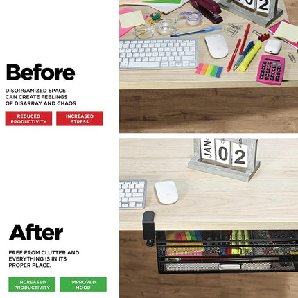 Under Desk Drawer Organizer Clamp-On, Mesh Metal Desk Drawer Attachment, 2 Drawer Slide Out, On Desk Or Under Desk Organizer For Office Supplies & Home Essentials (2 Drawers)