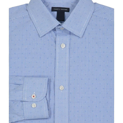 Tommy Hilfiger Boys' Little Long Sleeve Cross Gingham Dress Shirt, Medium Blue, 7