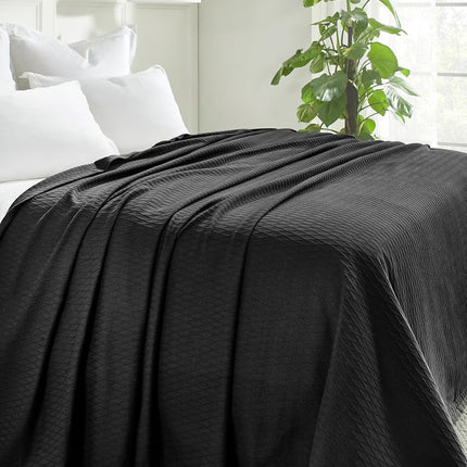 Superior 100% Cotton Thermal Blanket, Soft and Breathable Cotton for All Seasons, Bed Blanket and Oversized Throw Blanket with Luxurious Diamond Weave - Full/Queen Size, Black