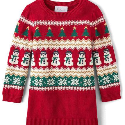 The Children's Place Baby Girls' and Toddler Long Sleeve Sweater Dress, Classic Red Fairisle, 3T