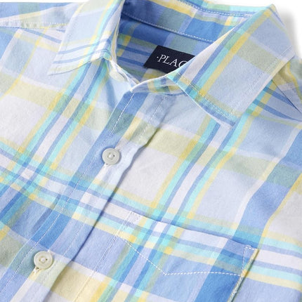The Children's Place Boys' Long Sleeve Poplin Button Up Shirt, Blue Yellow Plaid, X-Large