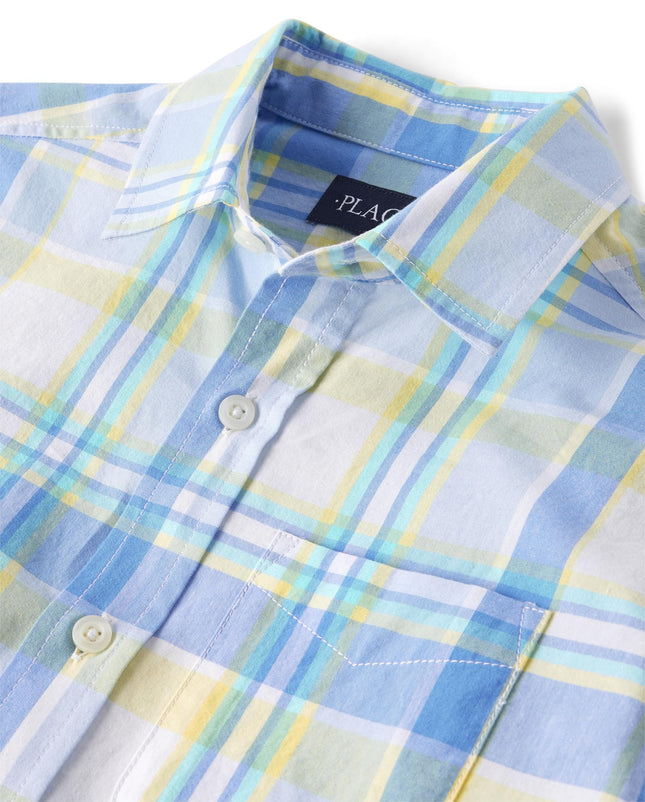 The Children's Place Boys' Long Sleeve Poplin Button Up Shirt, Blue Yellow Plaid, X-Small