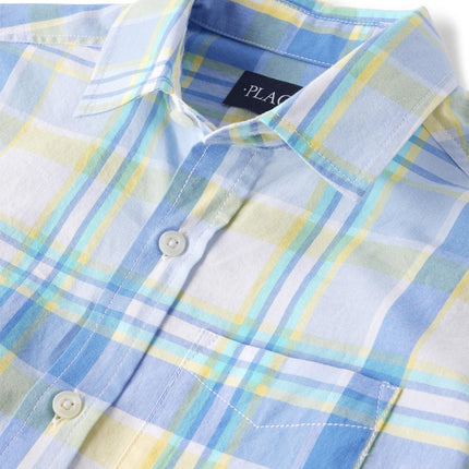 The Children's Place Boys' Long Sleeve Poplin Button Up Shirt, Blue Yellow Plaid, XX-Large