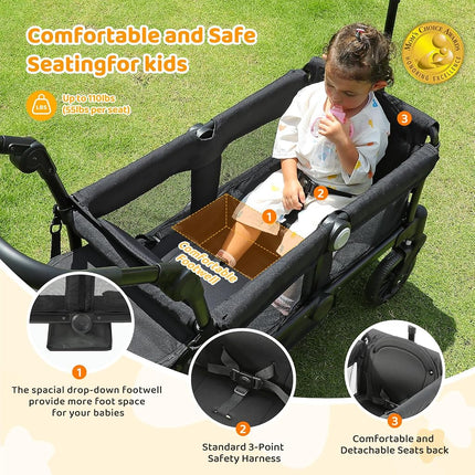 ELEMARA Stroller Wagon for 2 Kids, Foldable Wagon Stroller, Premium All Terrain Wagon for Kids, Kids Wagon Cart w/Removable Canopy, Adjustable Push/Pull Handle, Harnesses, Large Storage Bag, Black