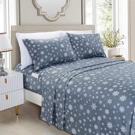 Elegant Comfort Luxury Soft Bed Sheets Holiday Pattern 1500 Premium Hotel Quality Microfiber - Softness Wrinkle and Fade Resistant (6-Piece) Bedding Set, Queen, Snowflake-Gray