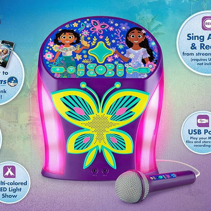 eKids Disney Encanto Karaoke Machine, Bluetooth Speaker with Microphone for Kids, Speaker with USB Port to Play Music, Easily Access Disney Playlists with New EZ Link Feature