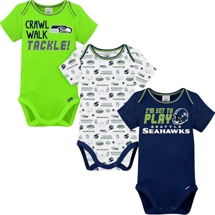 NFL Seattle Seahawks Boys 20183 Pack Short Sleeve Variety Bodysuit, Blue, 0-3 Months