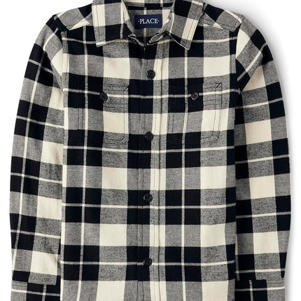 Chemise boutonnée à manches longues en flanelle à carreaux The Children's Place pour garçons, Hay Stack, Small
