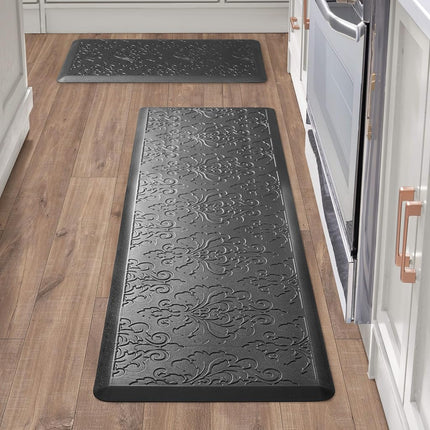 Chef Gear - Anti-Fatigue Wellness Kitchen Mat - Marni Design - Cushioned Comfort Chef Mat - Faux Leather - Cooking & Standing Relief -Skid-Resistant - Set of 2-17.5"x 60"/ 17.5"x28"- Black