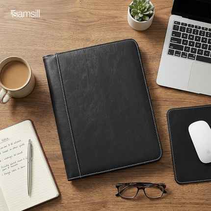 Samsill Contrast Stitch Leather Padfolio – Lightweight & Stylish Business Portfolio for Men & Women – Resume Portfolio, 8.5” x 11” Writing Pad – Black