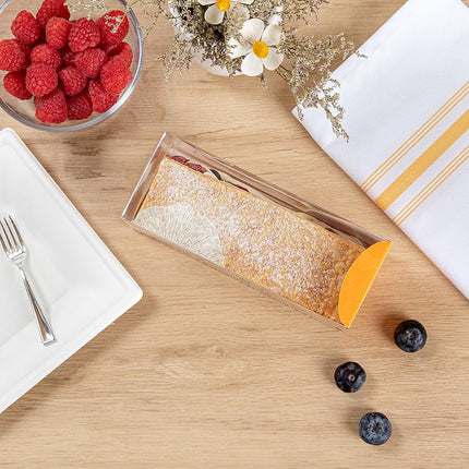 Restaurantware-7 Inch x 2.5 Inch Clear Dessert Boxes, 100 Orange Paper Sleeve Transparent Candy Boxes - Leaf Accent, No Grease Lining, Clear Plastic Clear Favor Boxes, Crack Resistant, Disposable