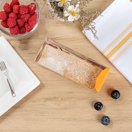 Restaurantware-7 Inch x 2.5 Inch Clear Dessert Boxes, 100 Orange Paper Sleeve Transparent Candy Boxes - Leaf Accent, No Grease Lining, Clear Plastic Clear Favor Boxes, Crack Resistant, Disposable