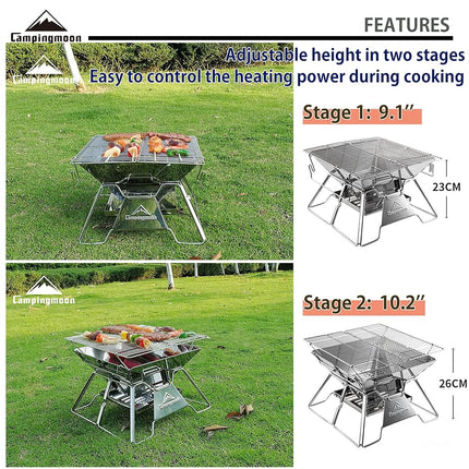 CAMPINGMOON Portable Campfire BBQ Grill 14 Inch Stainless Steel Folding Fire Pit Wood Burning Adjustable Height Outdoor Cooking RV Camping Carry Bag MT-2