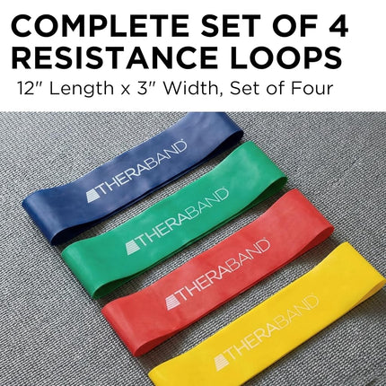 Lot de 4 bandes de résistance TheraBand, Kit de 4 boucles de 30 cm pour les entraînements des jambes et des fessiers, Niveaux débutant à avancé pour l'exercice, la rééducation, la physiothérapie, les étirements, la musculation