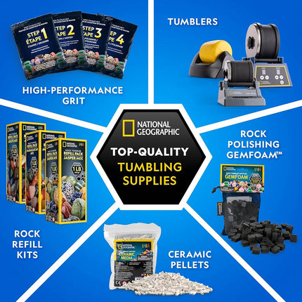 NATIONAL GEOGRAPHIC Rock Tumbler Media – Polisher Kit, 4 Stage Grit and Polish, Ceramic Pellets, GemFoam Foam, 3 lbs Madagascar Rocks, Great for All Polishers