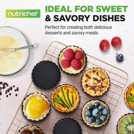 Nutrichef Nonstick Mini Tart Pans,10-Piece Heavy Duty 10cm Steel Quiche Pans with Removable Bottom, Oven & Dishwasher Safe, Fluted Edge for Mini Pie Crust and Tart Shells, Black