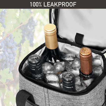 Opux 4 Bottle Insulated Wine Cooler Bag - Leakproof Padded Portable Wine Bottle Tote for Travel Picnic BYOB - Heather Gray