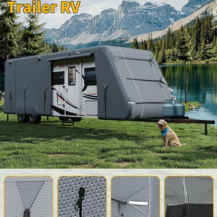 Travel Trailer RV Cover 27'-30',Anti-UV Windproof Waterproof Rip-Stop RV Covers Extra-Thick Upgraded 7 Layers for Camper Cover, 2Pcs Extra Straps & 4 Tire Covers