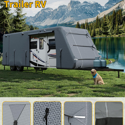 Travel Trailer RV Cover 27'-30',Anti-UV Windproof Waterproof Rip-Stop RV Covers Extra-Thick Upgraded 7 Layers for Camper Cover, 2Pcs Extra Straps & 4 Tire Covers