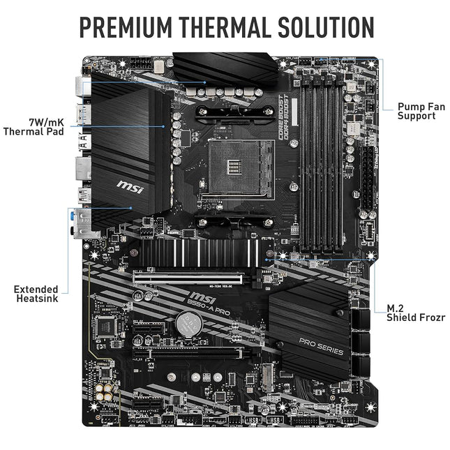 MSI B550-A PRO Motherboard ATX - Supports AMD Ryzen 3rd Gen Processors, AM4, DDR4 Boost (4400MHz/OC), 1 x PCIe 4.0/3.0 x16, 1 x PCIe 3.0/3.0 x16, 1 x M.2 Gen4 x4, 1 x M.2 Gen3 x4, HDMI, Gigabit LAN