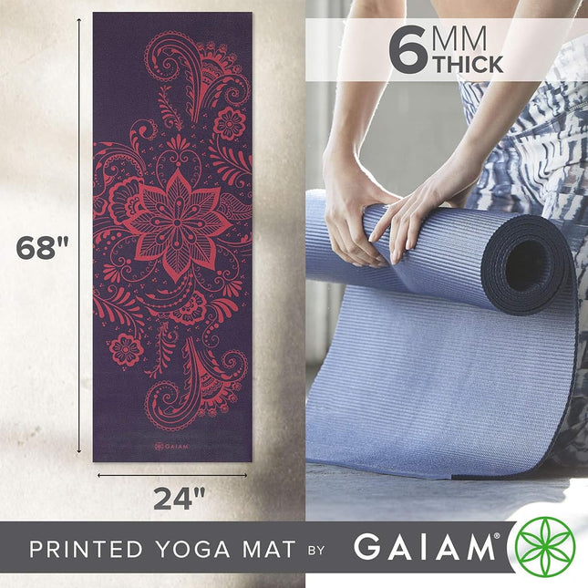 Gaiam Yoga Mat Premium Print Extra Thick Non Slip Exercise & Fitness Mat for All Types of Yoga, Pilates & Floor Workouts, Aubergine Swirl, 6mm