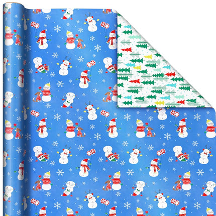 Hallmark Reversible Christmas Wrapping Paper for Kids (3 Rolls: 120 Sq. Ft. Total) Snowmen, Stripes, Trees, Skiing Santa, Zebras, Hedgehogs, Penguins