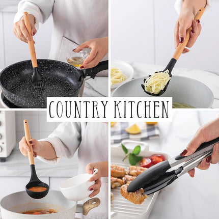 Country Kitchen Non Stick Silicone Utensil Set with Rounded Wood Handles for Cooking and Baking, 38 Piece Set, Green