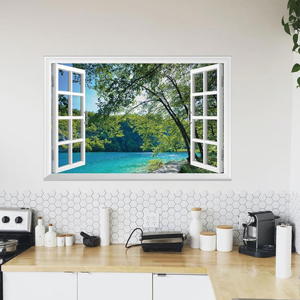 FLFK Fake Window Wall Mural - Lakes in The Jungle Faux Window Wall Sticker for Wall Decor, Stick and Peel Wall Decals, 48"x32", Set of 2 Sheets
