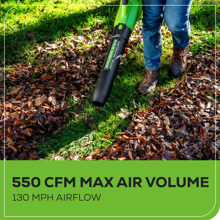 Soplador de hojas axial inalámbrico Greenworks 40V (130 MPH / 550 CFM / más de 75 herramientas compatibles) sin escobillas, batería de 4.0Ah y cargador incluidos