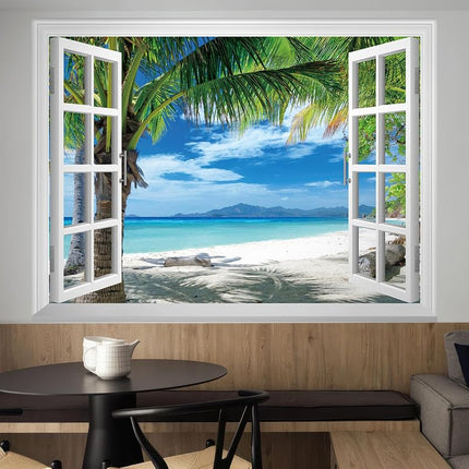 FLFK Fake Window Wall Mural - Beach Palm Trees Faux Window Wall Sticker for Wall Decor, Stick and Peel Wall Decals, 80"x60", Set of 5 Sheets