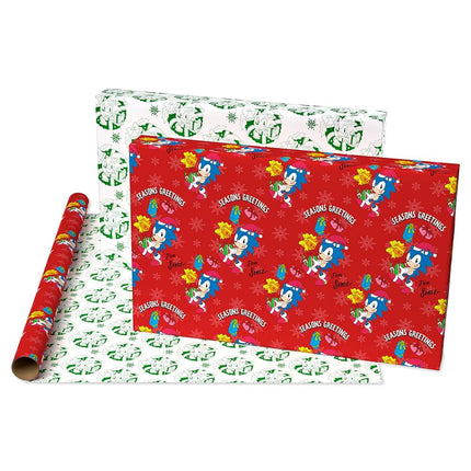 American Greetings Reversible Christmas Wrapping Paper for Kids, Sonic the Hedgehog (1 Roll, 75 sq. ft.)