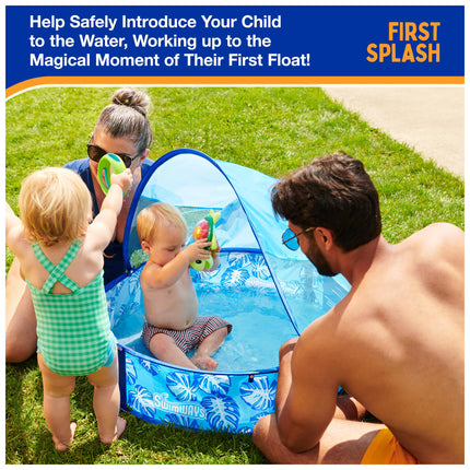 SwimWays Elite Pop-Up Above Ground Pool, Baby Pool with Canopy & Carrying Case, Foldable Pool for Kids Aged 9-24 Months, Measures 32", Blue