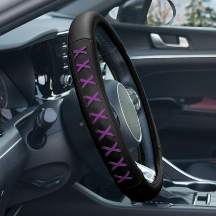FH Group FH2022 Universal 15 Inch Purple Genuine Leather Steering Wheel Cover with Lace-Up Detailing