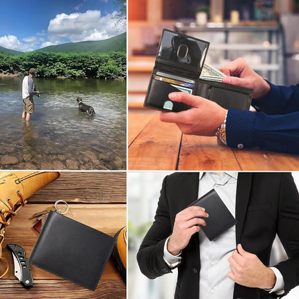 Portefeuille en cuir RFID pour hommes avec porte-carte d'identité escamotable en cuir de buffle vintage marron, SANS logo - Cuir nappa noir lisse, Classique