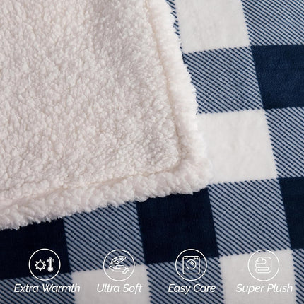 Elegant Comfort Ultra Soft Reversible Buffalo Plaid Flannel Sherpa Blanket - Cozy Silky Checkered Fleece Throw for Couch, Bed - Plush Fuzzy Warm Winter Blanket for Gift, Twin XL, Navy